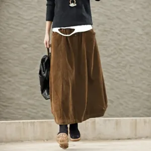 Corduroy Maxi Skirts for Women Fall Elastic High Waisted Long Skirts Casual Trendy Loose Flowy Skirts with Pocket