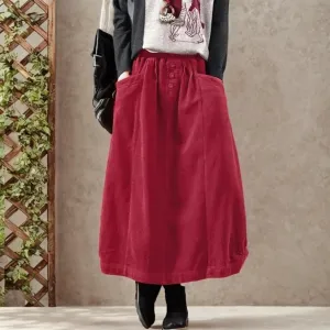 Corduroy Maxi Skirts for Women Fall Elastic High Waisted Long Skirts Casual Trendy Loose Flowy Skirts with Pocket