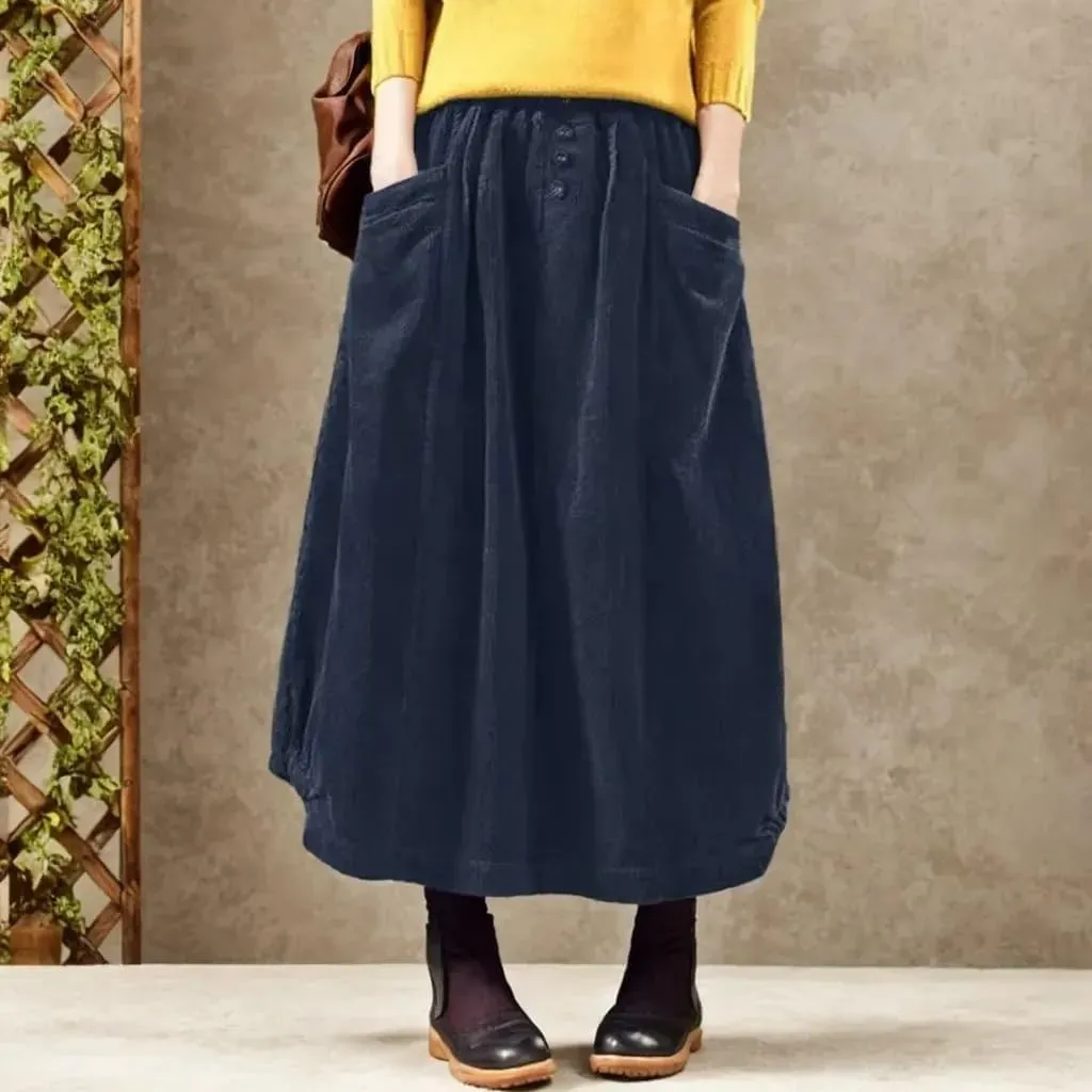 Corduroy Maxi Skirts for Women Fall Elastic High Waisted Long Skirts Casual Trendy Loose Flowy Skirts with Pocket
