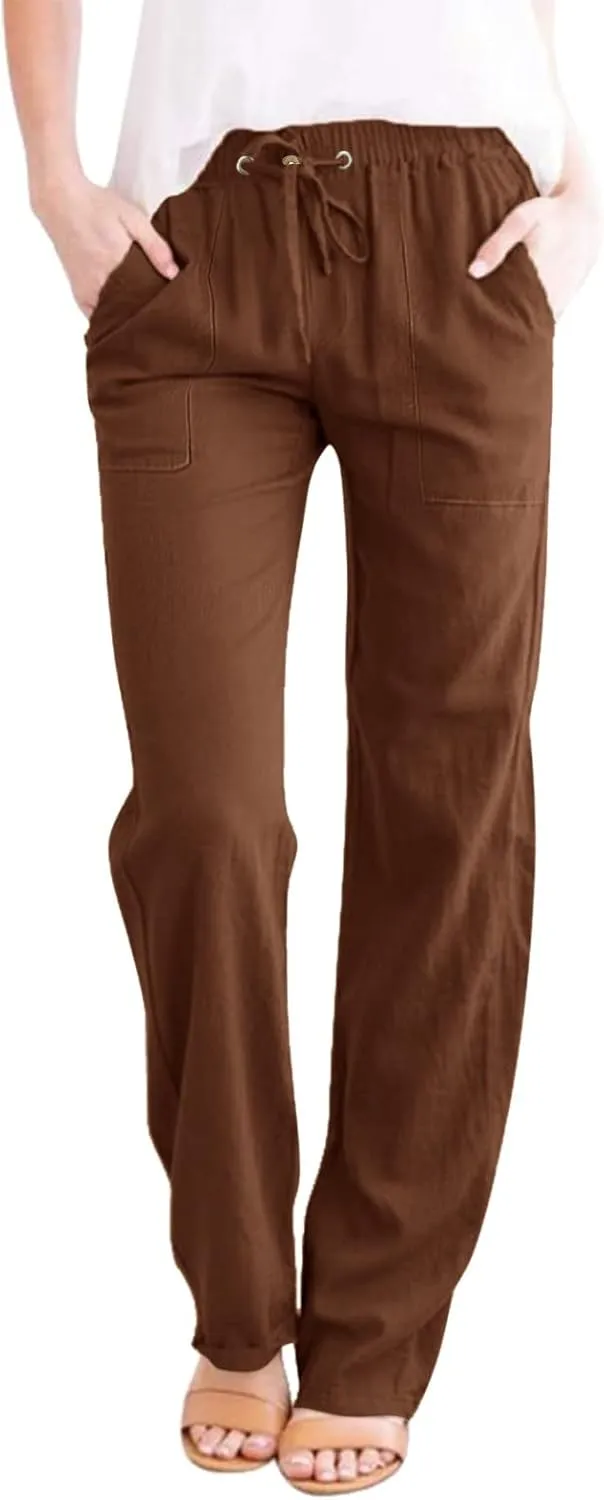 Cotton Linen Pants Women 2025 Casual Straight Leg Drawstring Elastic Hight Waist Trousers Pockets Loose Palazzo Pants