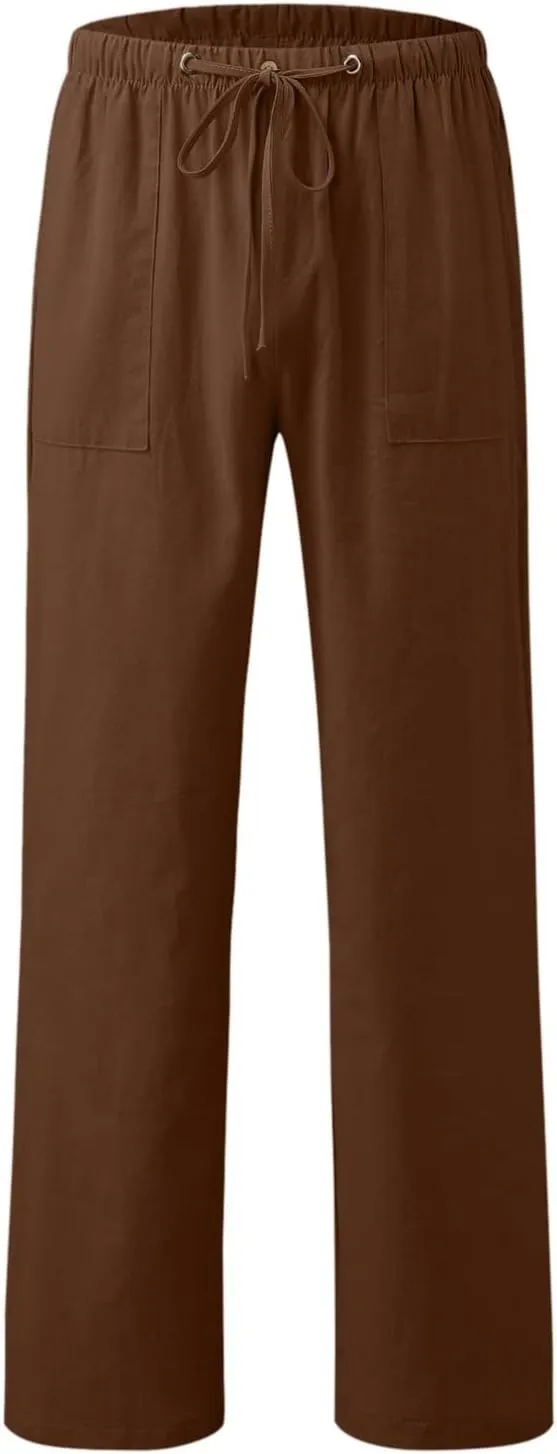 Cotton Linen Pants Women 2025 Casual Straight Leg Drawstring Elastic Hight Waist Trousers Pockets Loose Palazzo Pants