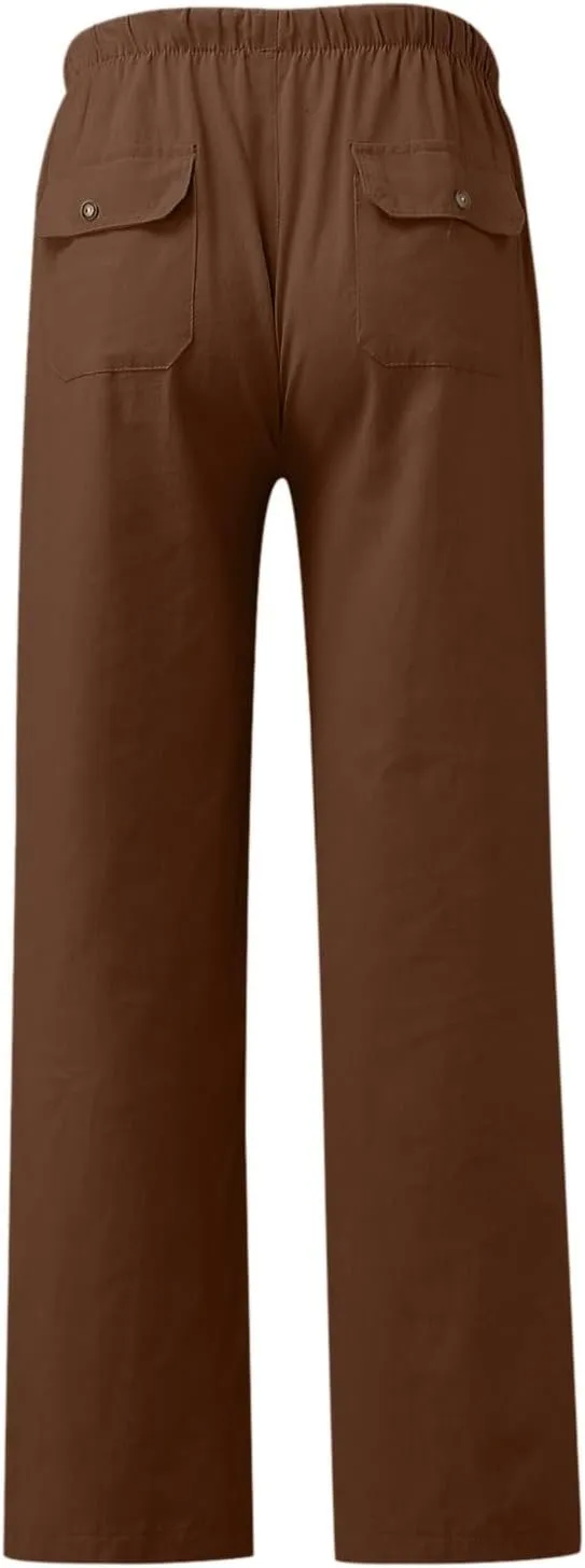 Cotton Linen Pants Women 2025 Casual Straight Leg Drawstring Elastic Hight Waist Trousers Pockets Loose Palazzo Pants
