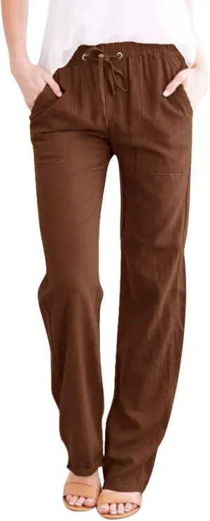 Cotton Linen Pants Women 2025 Casual Straight Leg Drawstring Elastic Hight Waist Trousers Pockets Loose Palazzo Pants