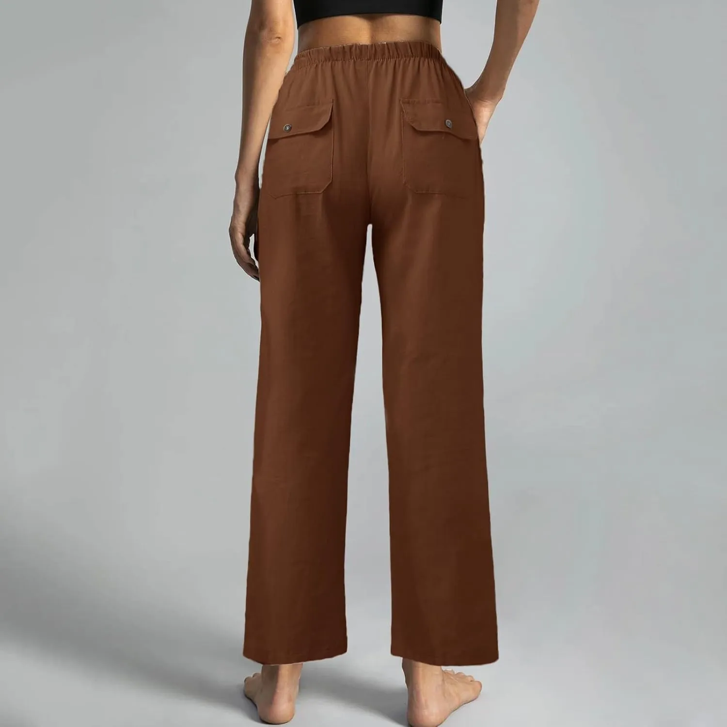 Cotton Linen Pants Women 2025 Casual Straight Leg Drawstring Elastic Hight Waist Trousers Pockets Loose Palazzo Pants