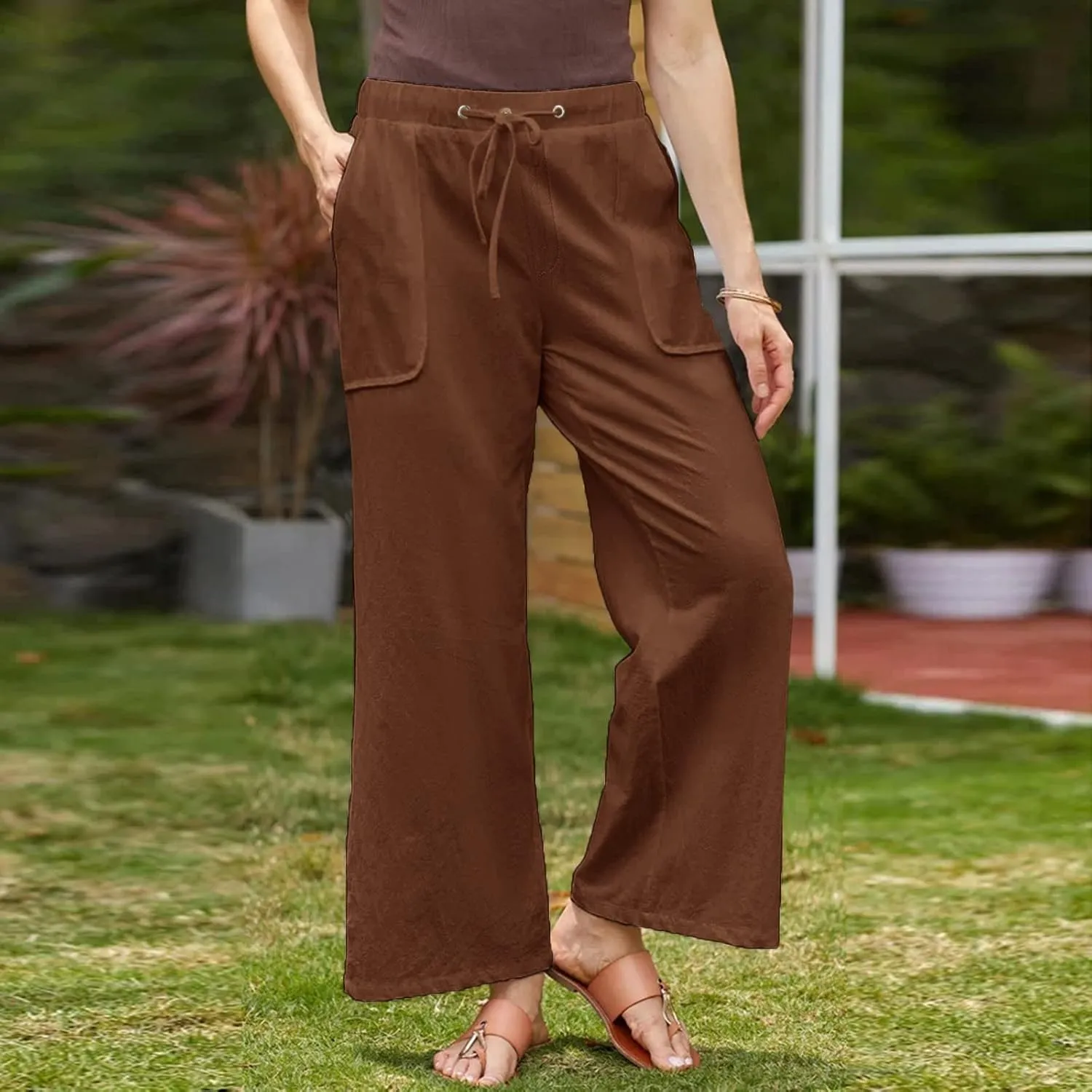 Cotton Linen Pants Women 2025 Casual Straight Leg Drawstring Elastic Hight Waist Trousers Pockets Loose Palazzo Pants