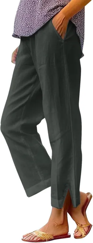 Cotton Linen Pants Women Summer Elastic Waist Straight Leg Plus Size Crop Pants Casual Beach Trousers with Pockets