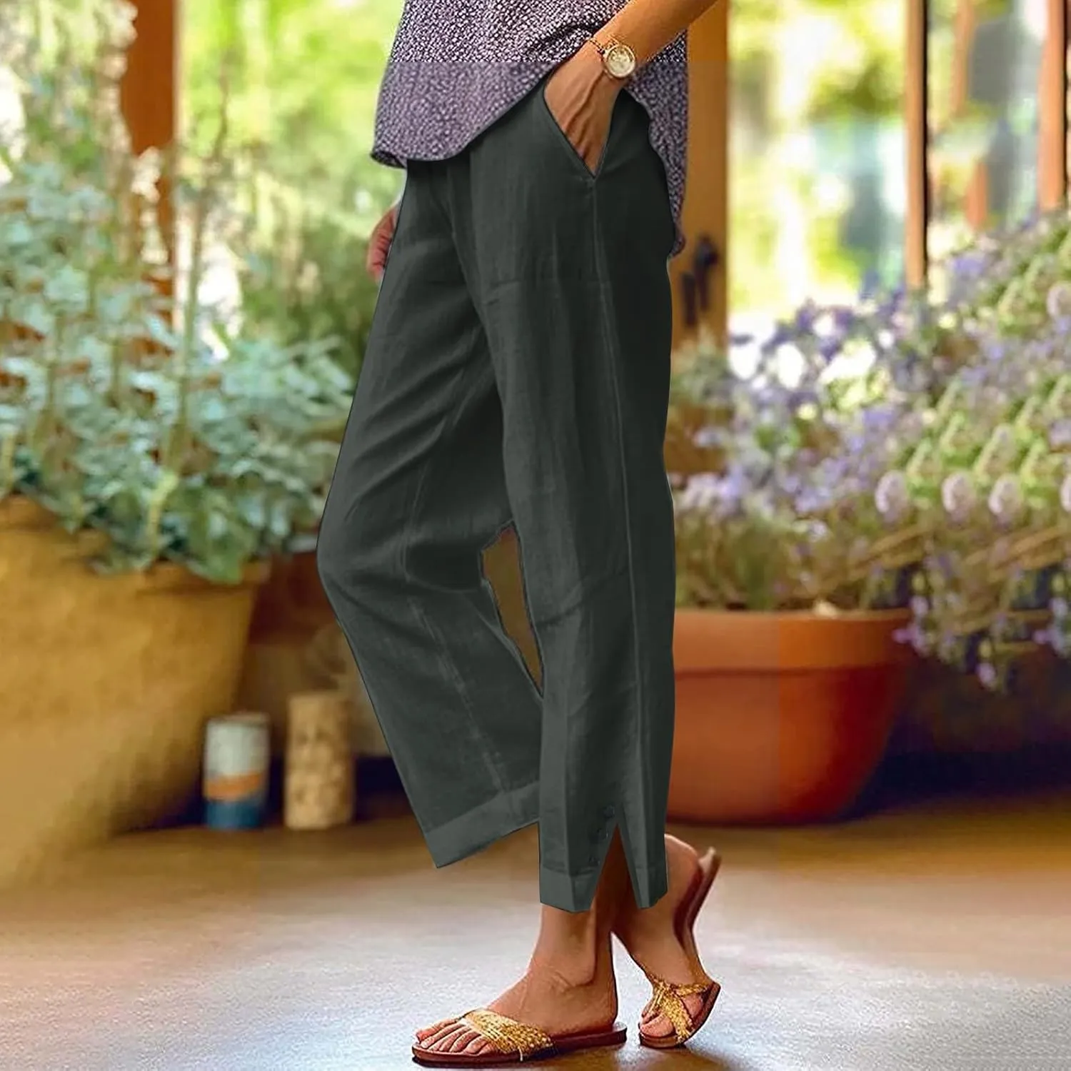 Cotton Linen Pants Women Summer Elastic Waist Straight Leg Plus Size Crop Pants Casual Beach Trousers with Pockets