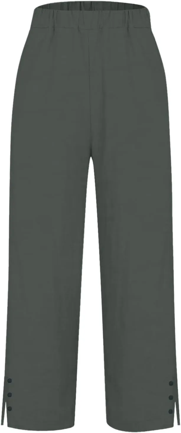 Cotton Linen Pants Women Summer Elastic Waist Straight Leg Plus Size Crop Pants Casual Beach Trousers with Pockets