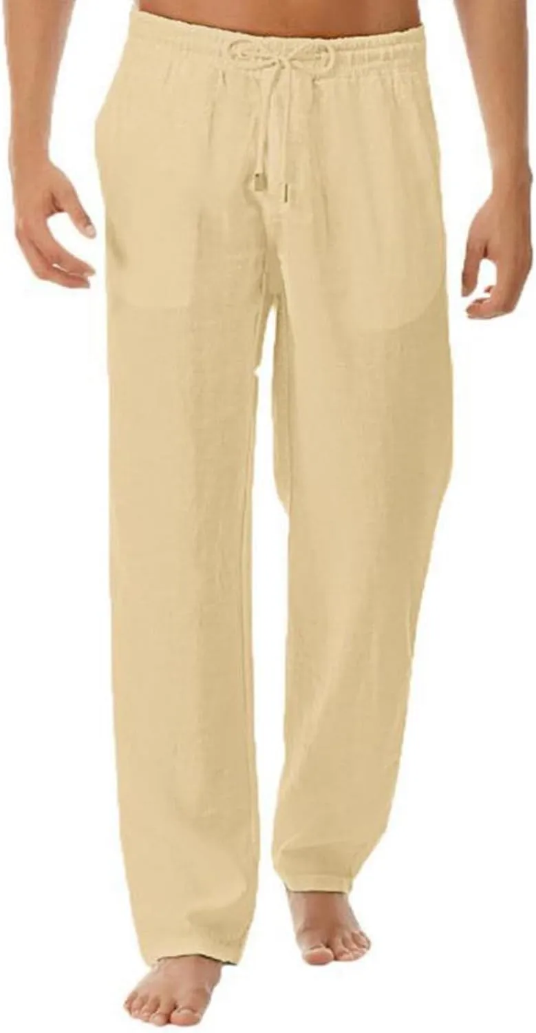 Cotton Linen Work Pants for Men Summer Solid Color Trousers Light Loose Pant Hiking Outdoor Joggers Chino Pants Slim Fit Mens Ice Skating Tights