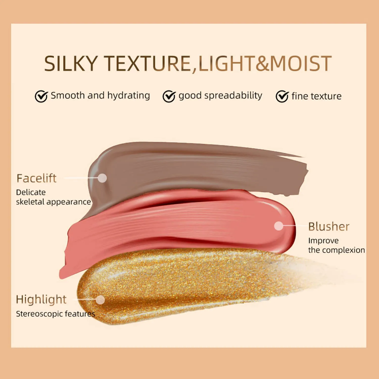 Cream Contour Beauty Wand,Xcreando Liquid High Lighter Stick with Cushion Applicator Silky Liquid Bronzer Stick Waterproof Lightweight Face Concealer Contouring with Natural Matte Finish(#06 Champagne Gold)