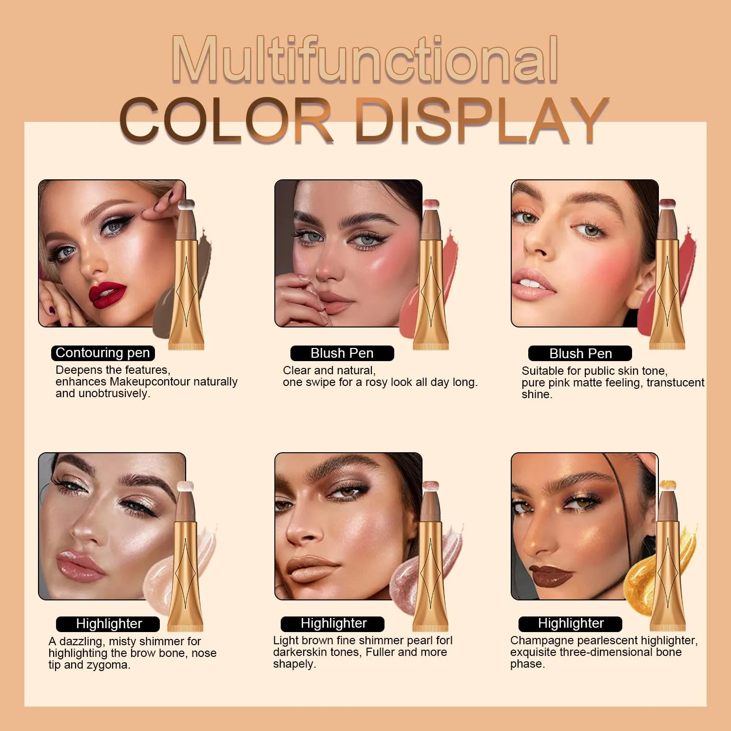 Cream Contour Beauty Wand,Xcreando Liquid High Lighter Stick with Cushion Applicator Silky Liquid Bronzer Stick Waterproof Lightweight Face Concealer Contouring with Natural Matte Finish(#06 Champagne Gold)