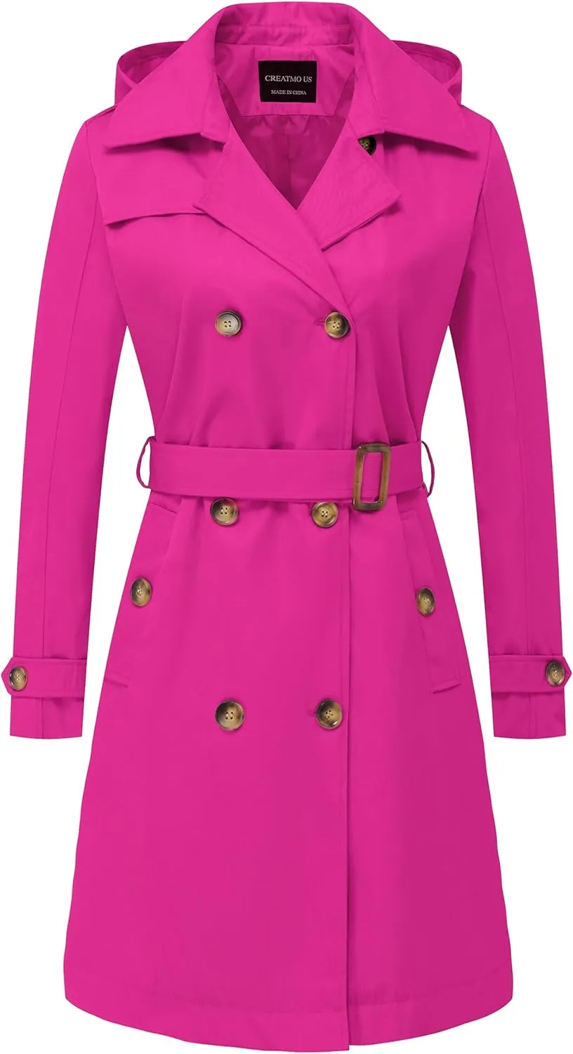 CREATMO US Women's Long Trench Coat Double-Breasted Classic Lapel Overcoat Belted Slim Outerwear Coat with Detachable Hood
