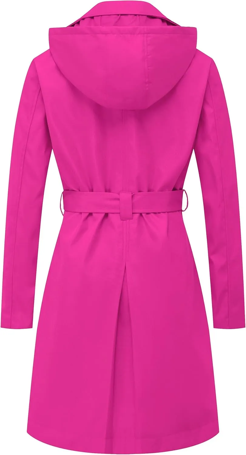 CREATMO US Women's Long Trench Coat Double-Breasted Classic Lapel Overcoat Belted Slim Outerwear Coat with Detachable Hood
