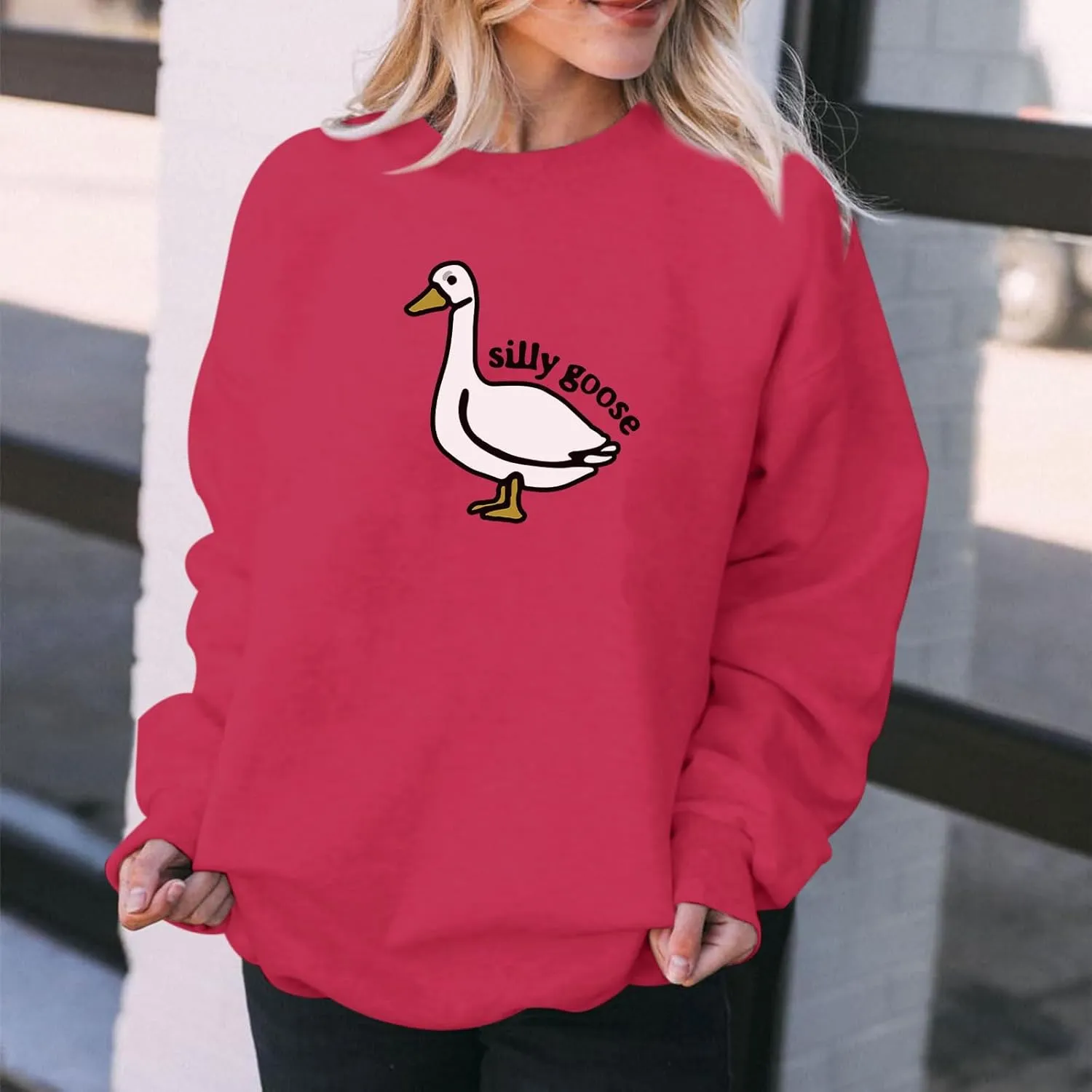 Cute Silly Goose Sweatshirt for Women Teen Girls Duck Letter Graphic Crewneck Long Sleeve Shirt Hoodie Pullover Tops