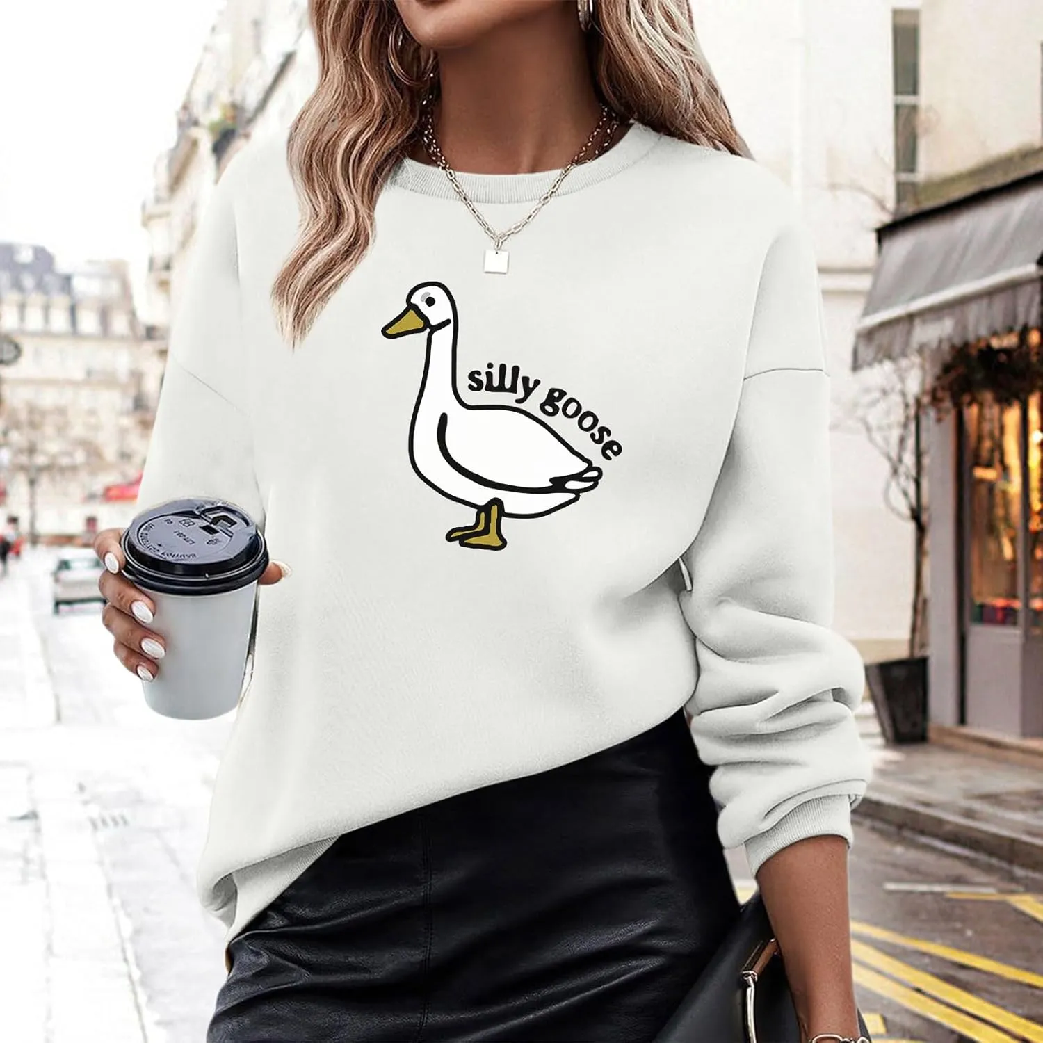 Cute Silly Goose Sweatshirt for Women Teen Girls Duck Letter Graphic Crewneck Long Sleeve Shirt Hoodie Pullover Tops