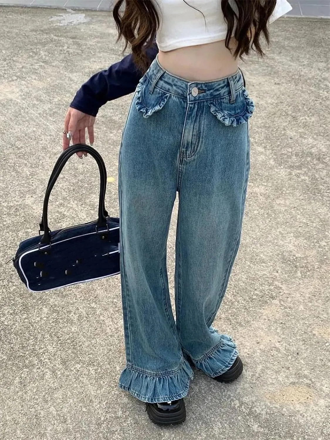 Dawery Flare Jeans Women Baggy Washed Vintage Streetwear Full Length Tender High Waist Retro Denim Trousers