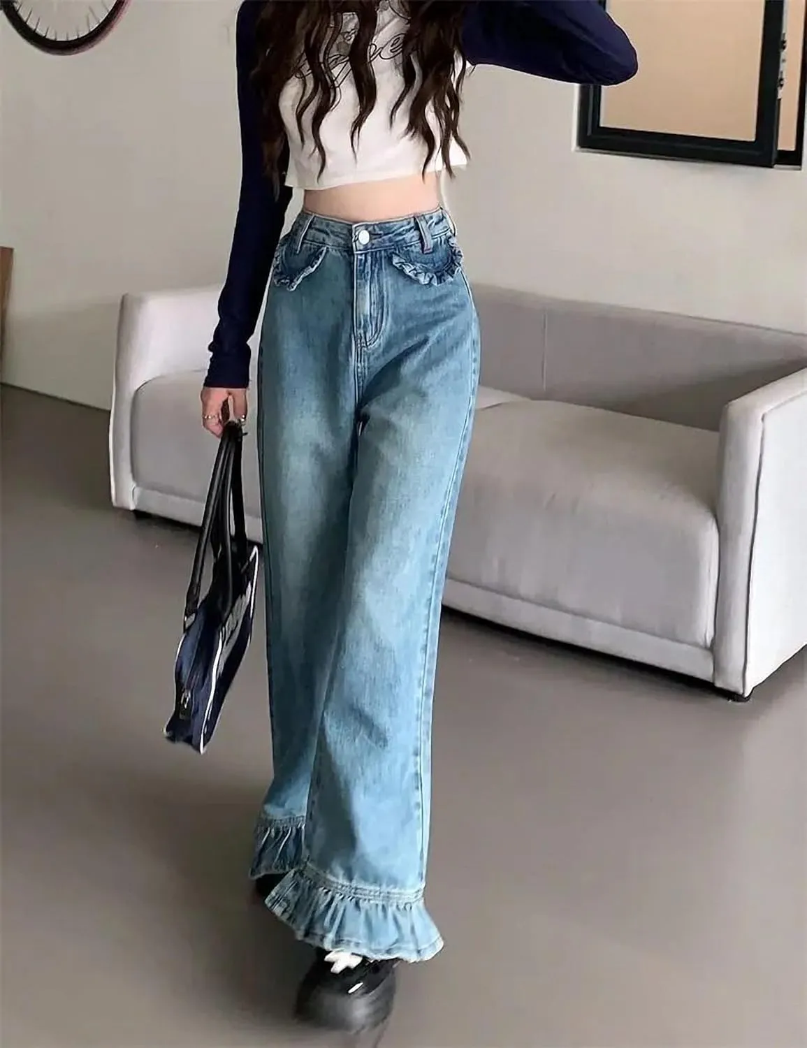 Dawery Flare Jeans Women Baggy Washed Vintage Streetwear Full Length Tender High Waist Retro Denim Trousers