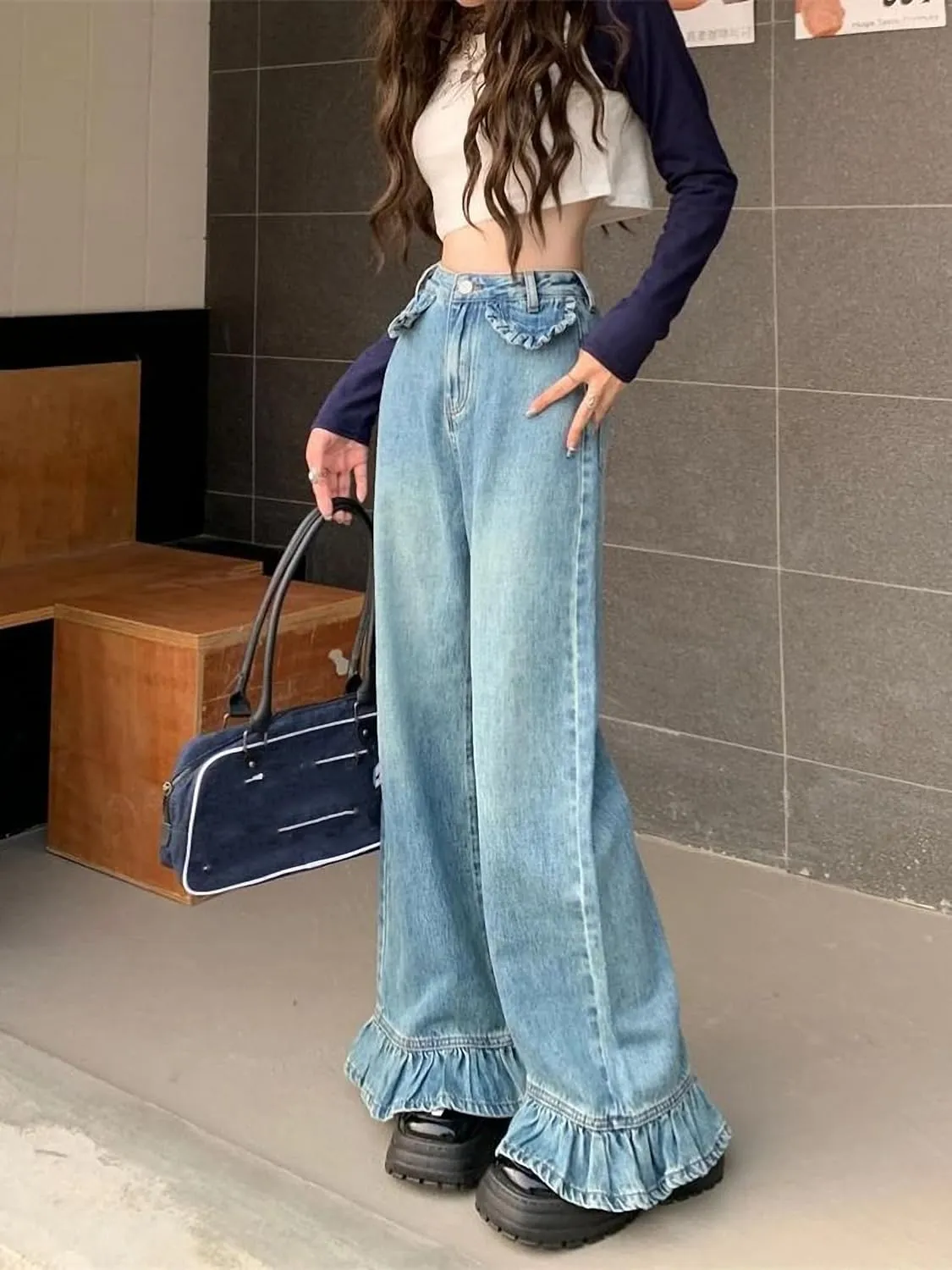Dawery Flare Jeans Women Baggy Washed Vintage Streetwear Full Length Tender High Waist Retro Denim Trousers