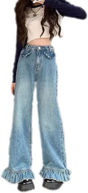Dawery Flare Jeans Women Baggy Washed Vintage Streetwear Full Length Tender High Waist Retro Denim Trousers