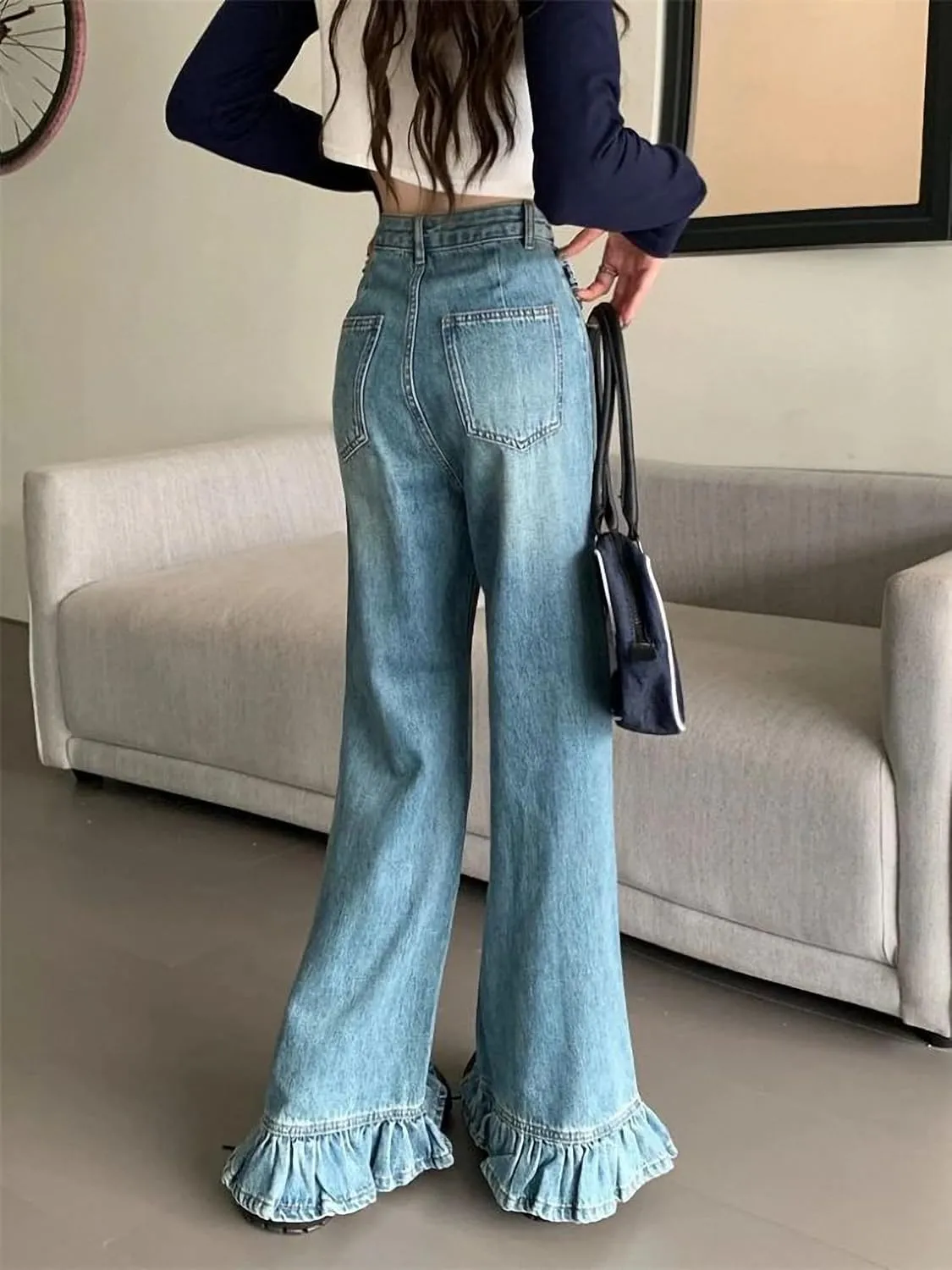 Dawery Flare Jeans Women Baggy Washed Vintage Streetwear Full Length Tender High Waist Retro Denim Trousers