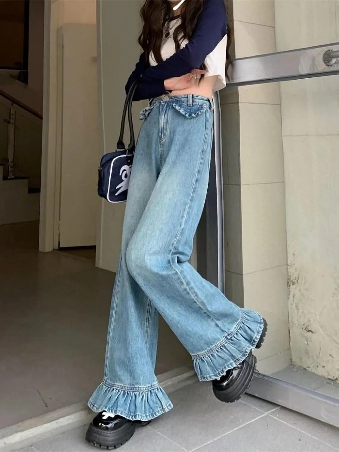 Dawery Flare Jeans Women Baggy Washed Vintage Streetwear Full Length Tender High Waist Retro Denim Trousers