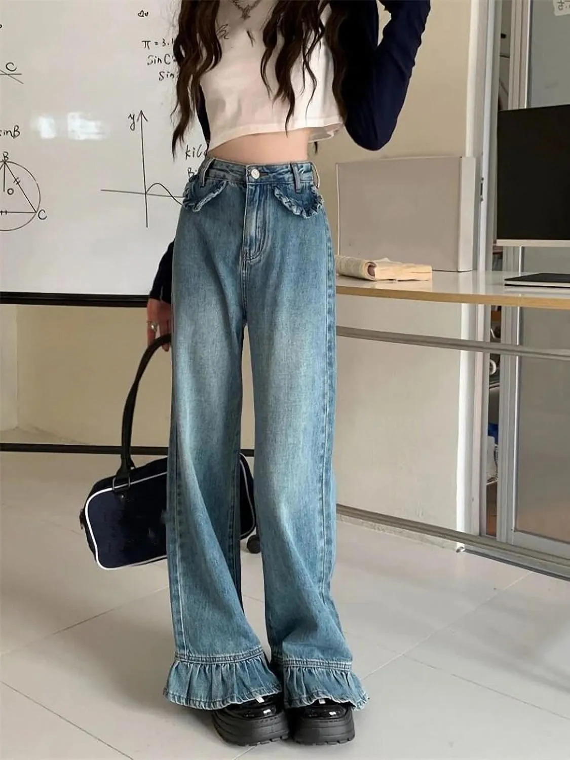 Dawery Flare Jeans Women Baggy Washed Vintage Streetwear Full Length Tender High Waist Retro Denim Trousers