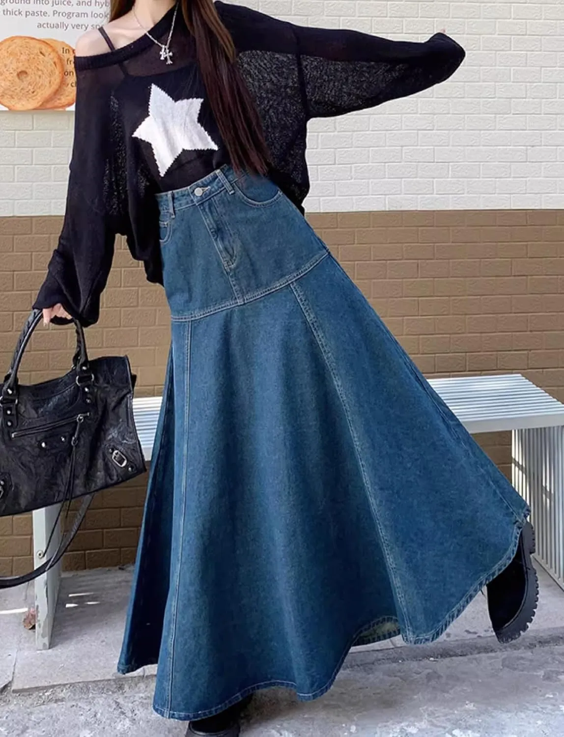 Denim Maxi SkirtCasual Long Skirts with Pocket for Women