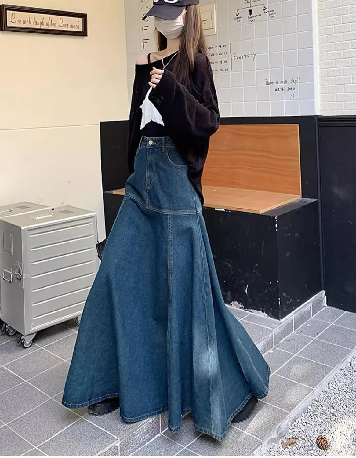 Denim Maxi SkirtCasual Long Skirts with Pocket for Women