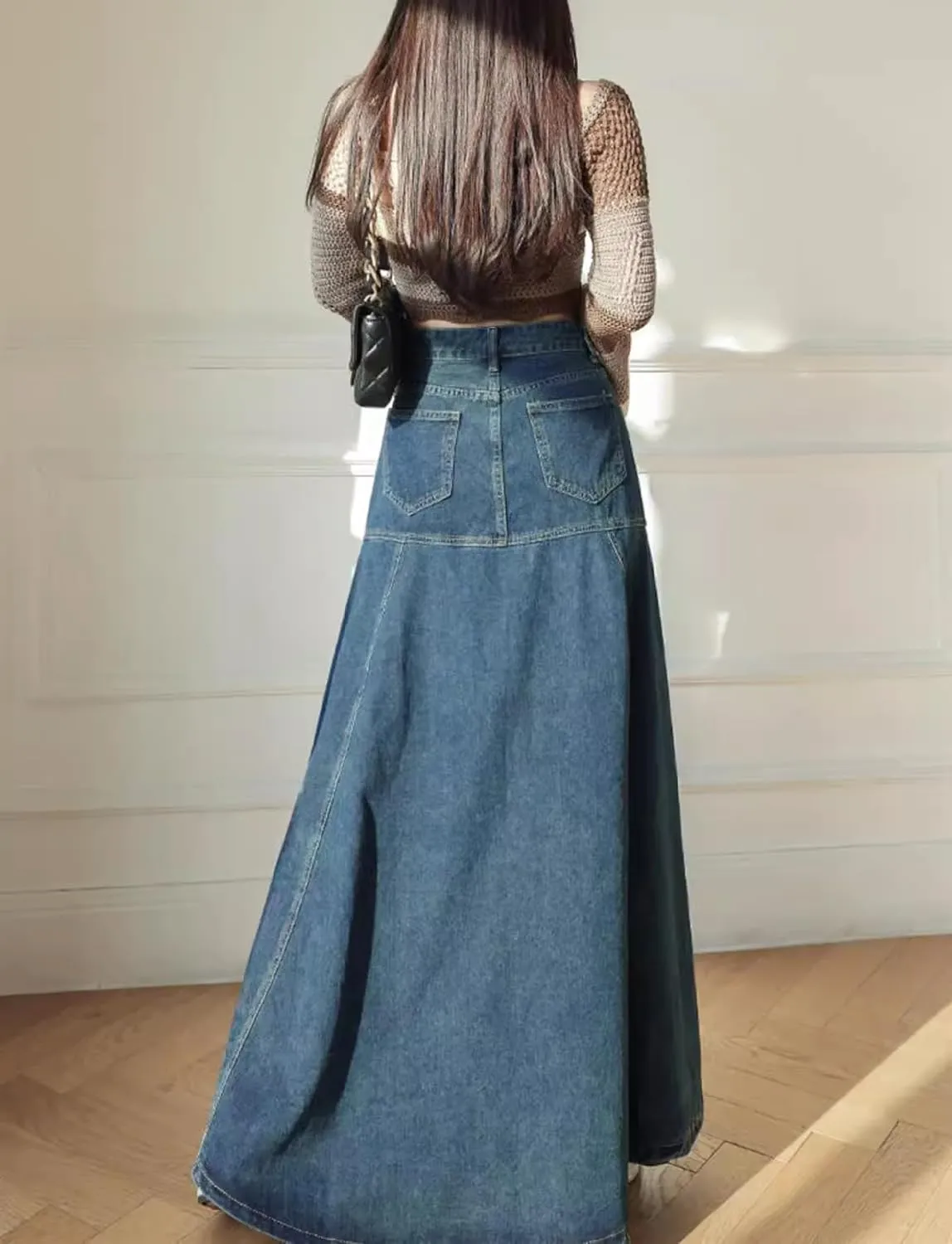 Denim Maxi SkirtCasual Long Skirts with Pocket for Women