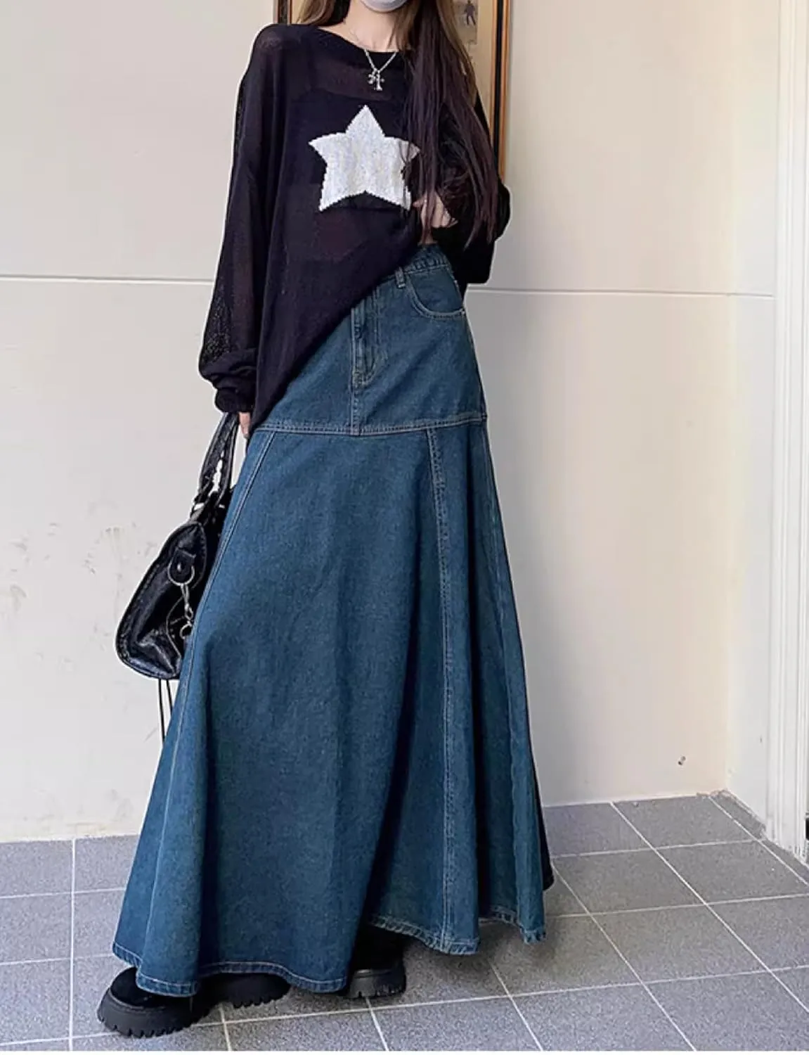 Denim Maxi SkirtCasual Long Skirts with Pocket for Women