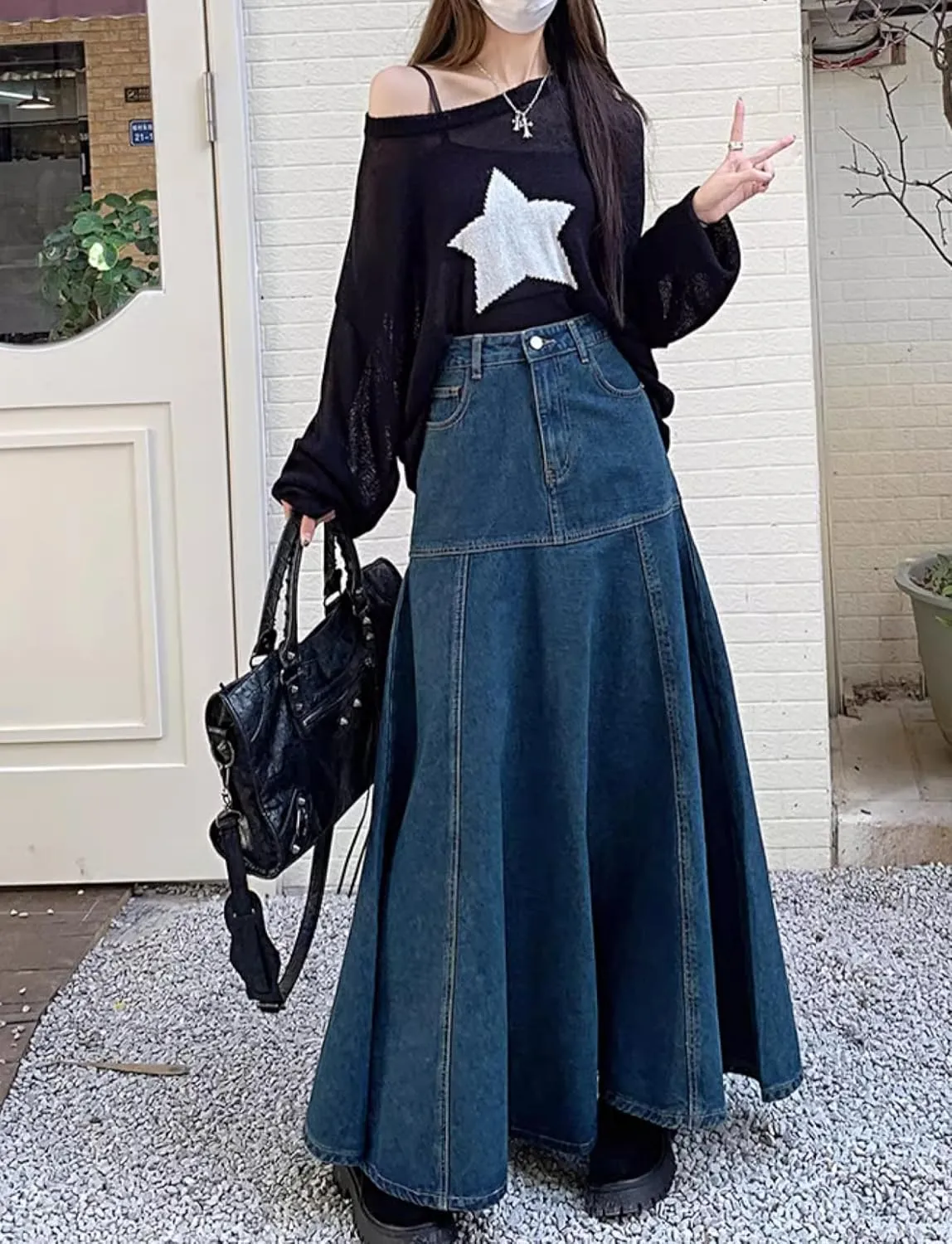 Denim Maxi SkirtCasual Long Skirts with Pocket for Women
