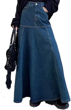 Denim Maxi SkirtCasual Long Skirts with Pocket for Women