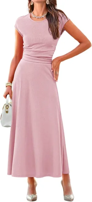 Dokotoo Women's 2 Piece Summer Outfits Casual Crewneck Short Sleeve Ruched Knit Tops Elastic Waist A-Line Midi Skirt Set