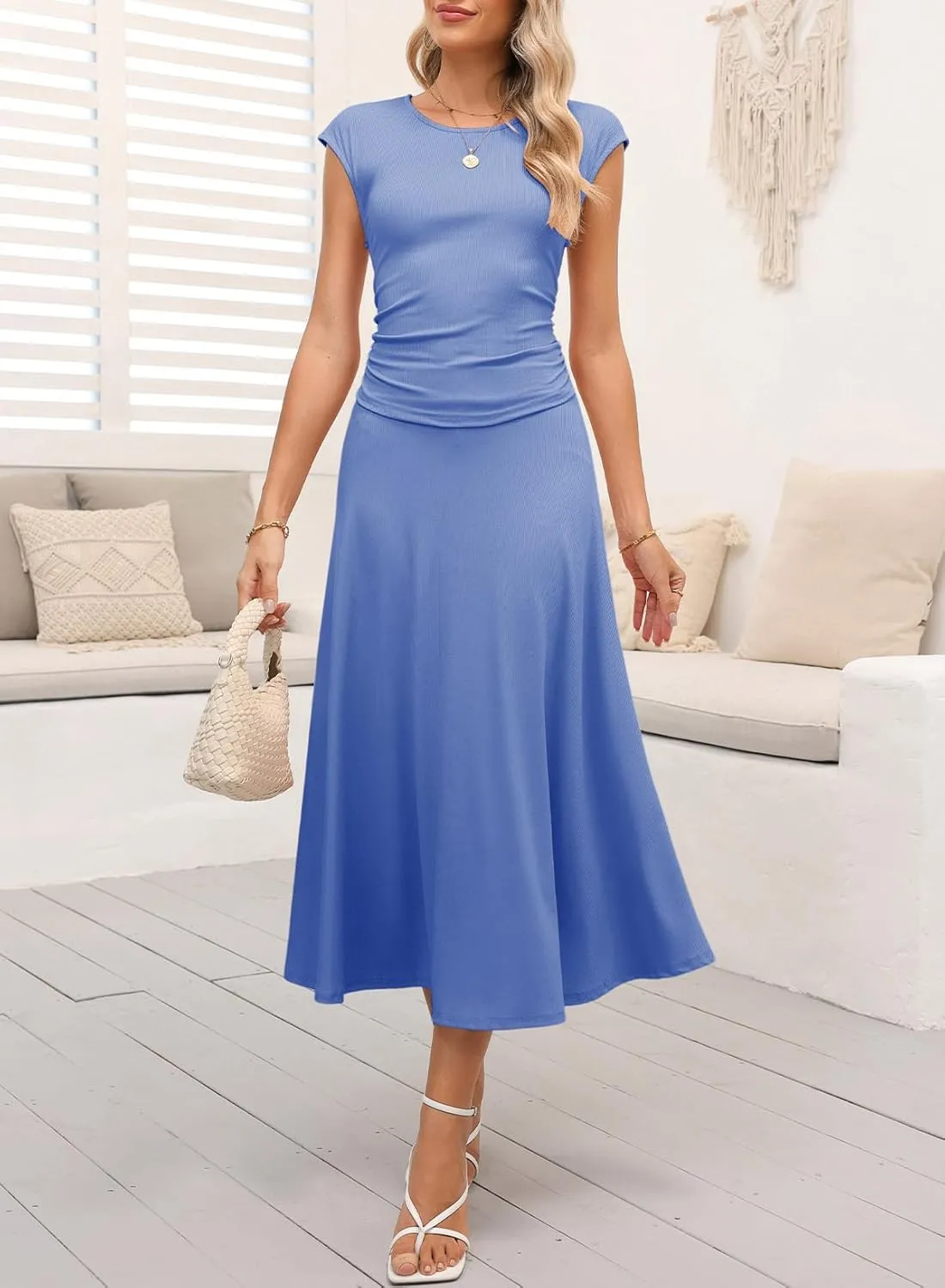 Dokotoo Women's 2 Piece Summer Outfits Casual Crewneck Short Sleeve Ruched Knit Tops Elastic Waist A-Line Midi Skirt Set