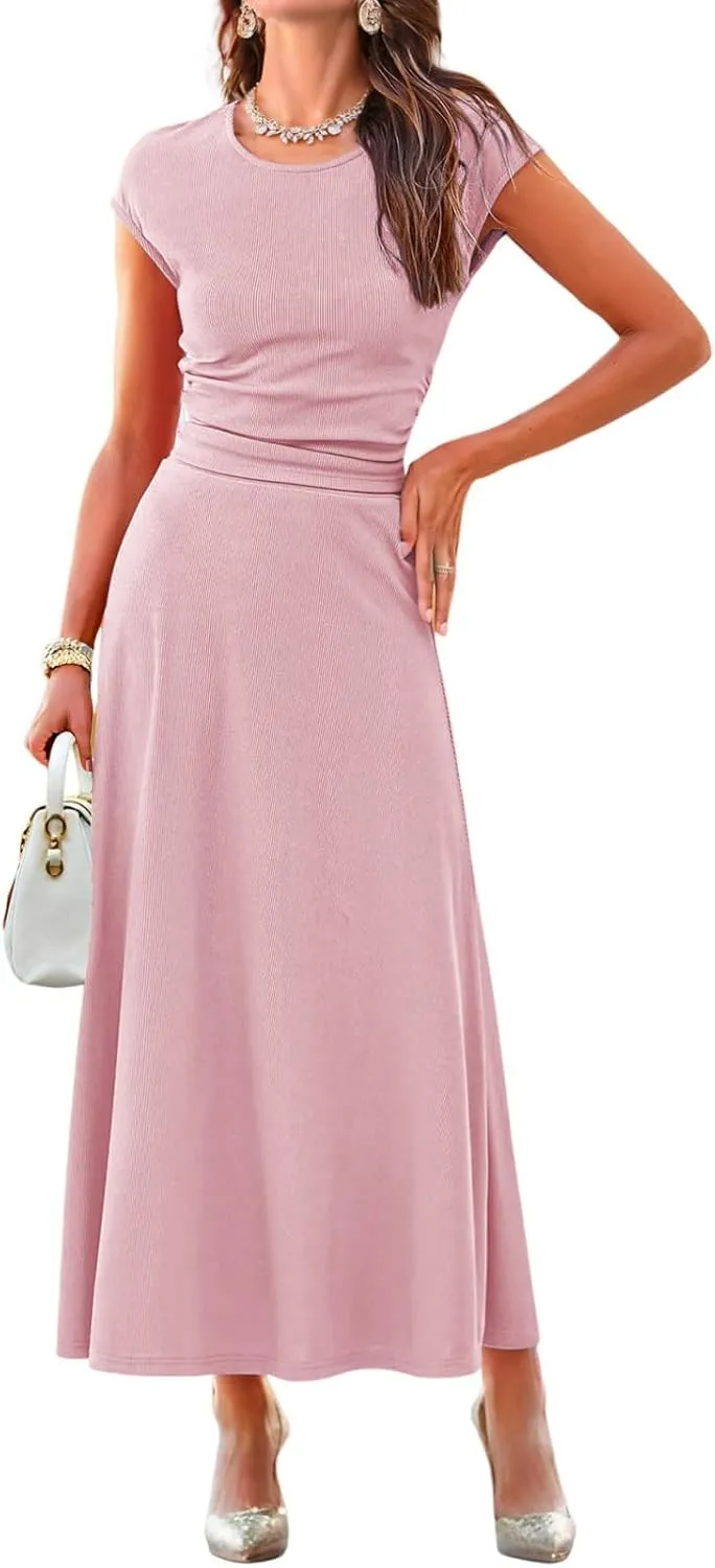Dokotoo Women's 2 Piece Summer Outfits Casual Crewneck Short Sleeve Ruched Knit Tops Elastic Waist A-Line Midi Skirt Set