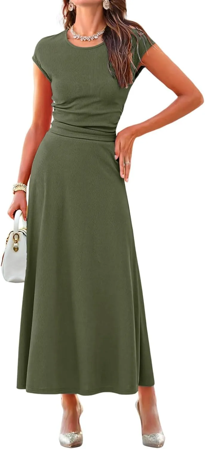 Dokotoo Women's 2 Piece Summer Outfits Casual Crewneck Short Sleeve Ruched Knit Tops Elastic Waist A-Line Midi Skirt Set