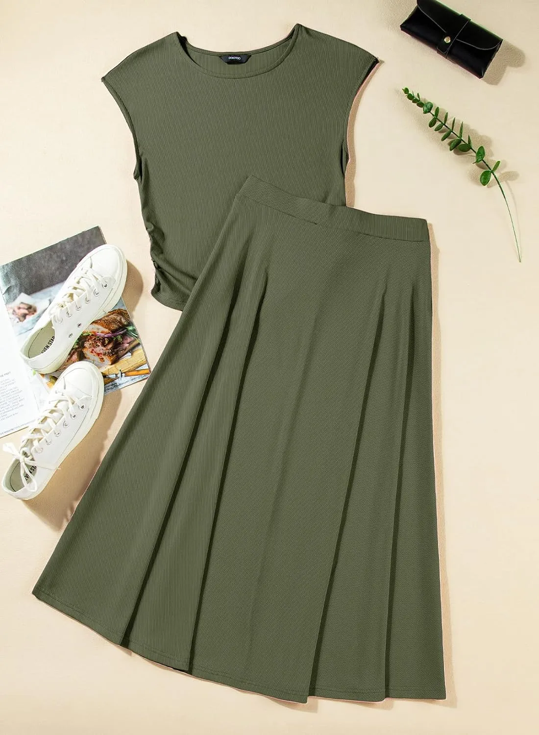Dokotoo Women's 2 Piece Summer Outfits Casual Crewneck Short Sleeve Ruched Knit Tops Elastic Waist A-Line Midi Skirt Set