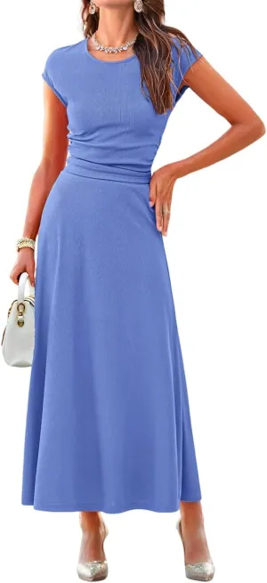 Dokotoo Women's 2 Piece Summer Outfits Casual Crewneck Short Sleeve Ruched Knit Tops Elastic Waist A-Line Midi Skirt Set