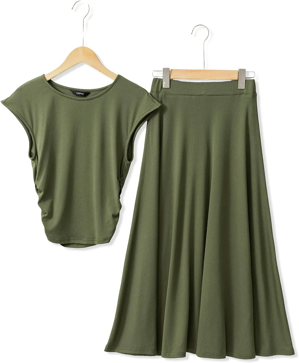Dokotoo Women's 2 Piece Summer Outfits Casual Crewneck Short Sleeve Ruched Knit Tops Elastic Waist A-Line Midi Skirt Set