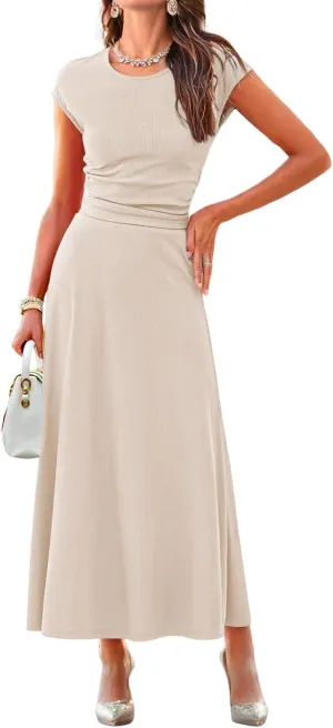 Dokotoo Women's 2 Piece Summer Outfits Casual Crewneck Short Sleeve Ruched Knit Tops Elastic Waist A-Line Midi Skirt Set