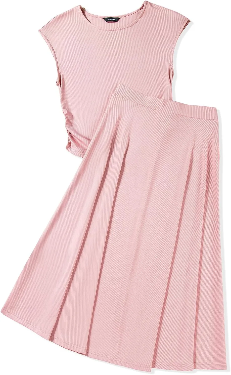 Dokotoo Women's 2 Piece Summer Outfits Casual Crewneck Short Sleeve Ruched Knit Tops Elastic Waist A-Line Midi Skirt Set