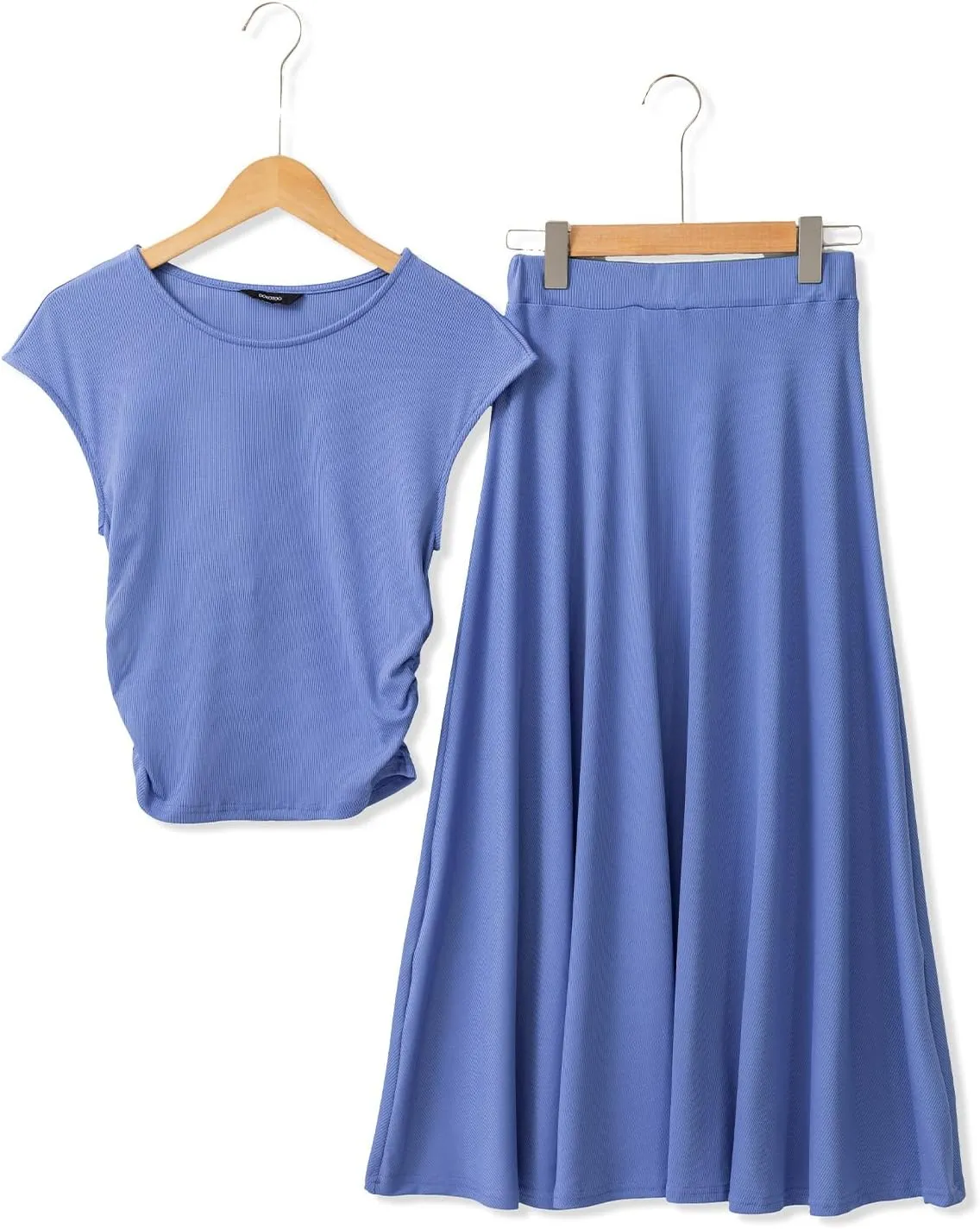 Dokotoo Women's 2 Piece Summer Outfits Casual Crewneck Short Sleeve Ruched Knit Tops Elastic Waist A-Line Midi Skirt Set