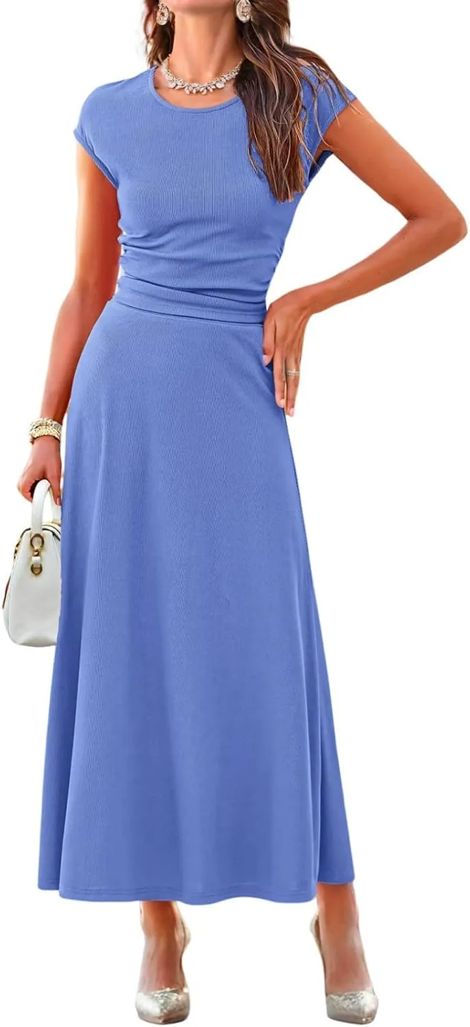 Dokotoo Women's 2 Piece Summer Outfits Casual Crewneck Short Sleeve Ruched Knit Tops Elastic Waist A-Line Midi Skirt Set