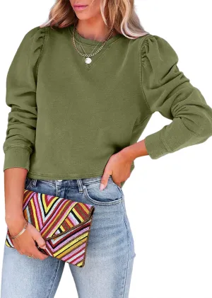 Dokotoo Womens Casual Cropped Sweatshirts Puff Sleeve Crop Pullover Crewneck Cute Tops