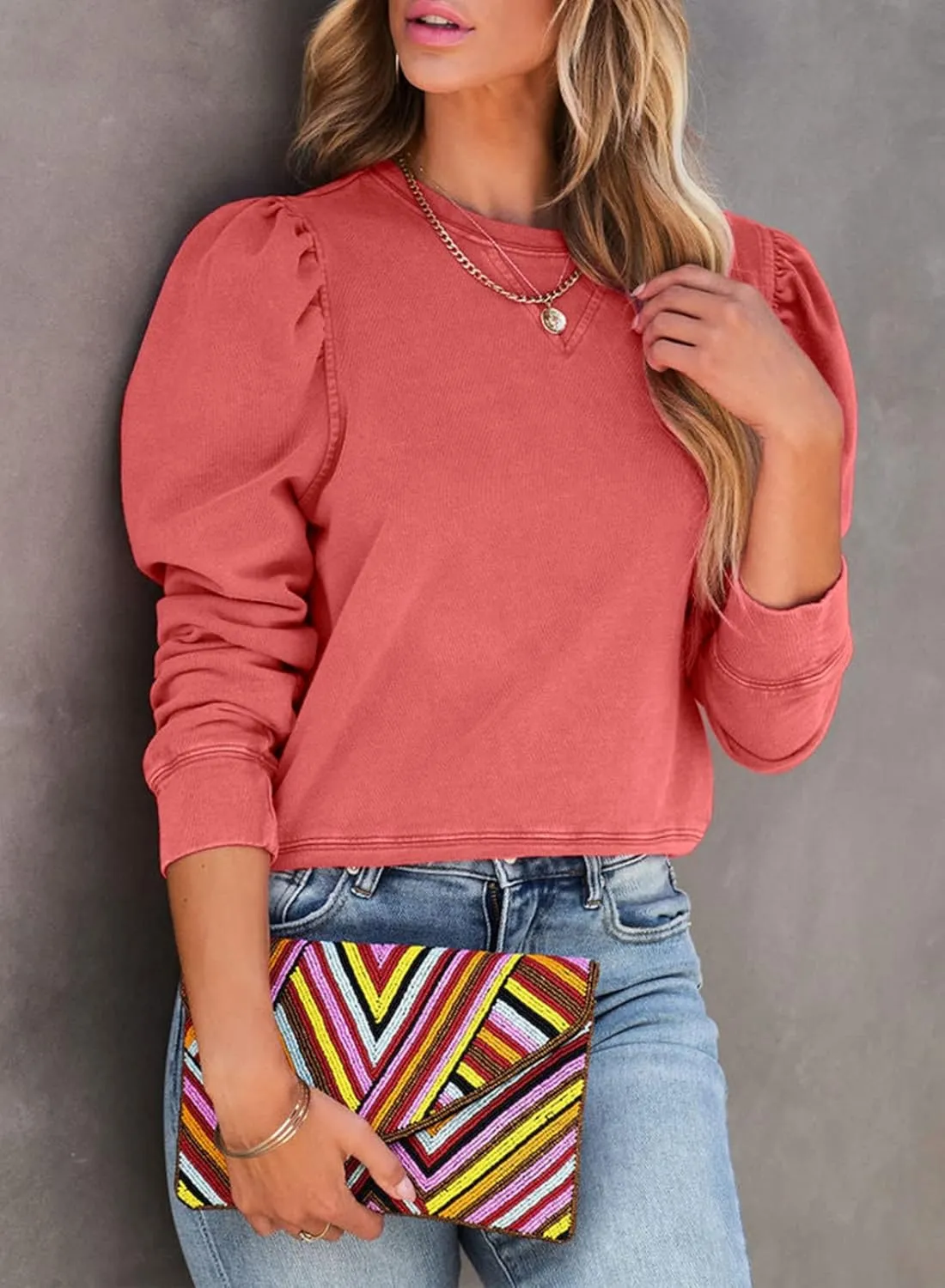 Dokotoo Womens Casual Cropped Sweatshirts Puff Sleeve Crop Pullover Crewneck Cute Tops