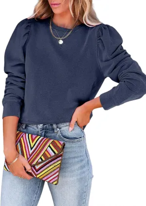Dokotoo Womens Casual Cropped Sweatshirts Puff Sleeve Crop Pullover Crewneck Cute Tops