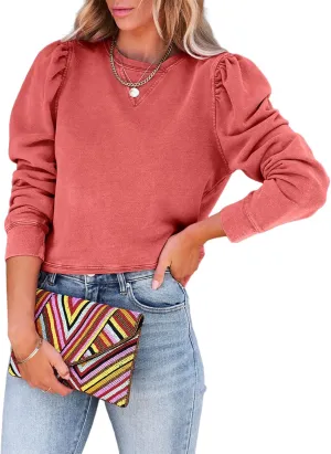 Dokotoo Womens Casual Cropped Sweatshirts Puff Sleeve Crop Pullover Crewneck Cute Tops