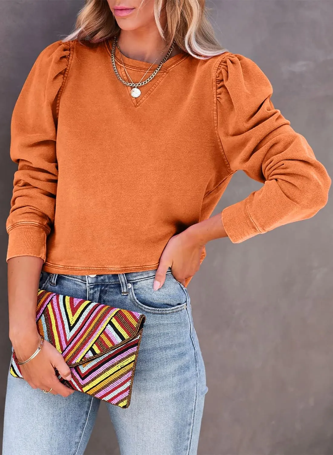 Dokotoo Womens Casual Cropped Sweatshirts Puff Sleeve Crop Pullover Crewneck Cute Tops