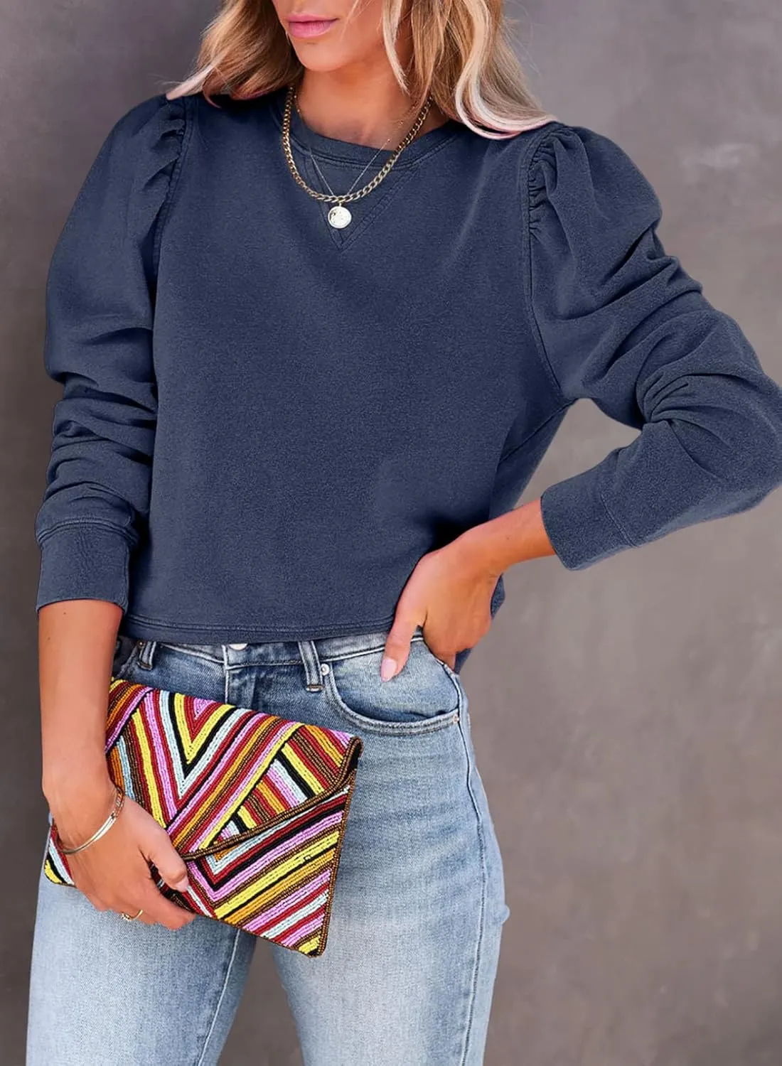 Dokotoo Womens Casual Cropped Sweatshirts Puff Sleeve Crop Pullover Crewneck Cute Tops