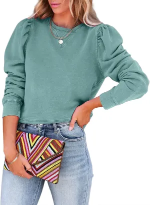 Dokotoo Womens Casual Cropped Sweatshirts Puff Sleeve Crop Pullover Crewneck Cute Tops